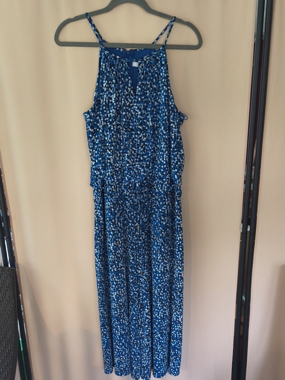 Wisp Blue Print Halter Cropped Romper with Keyhole Detail Size US 10